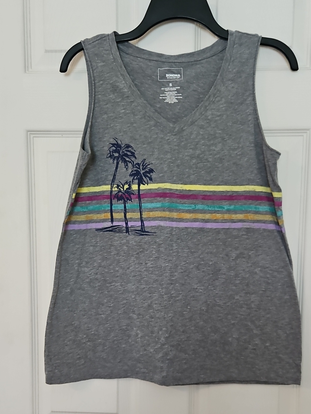 Sonoma Gray V-Neck Tank with Multicolor Stripes and Palm Graphic